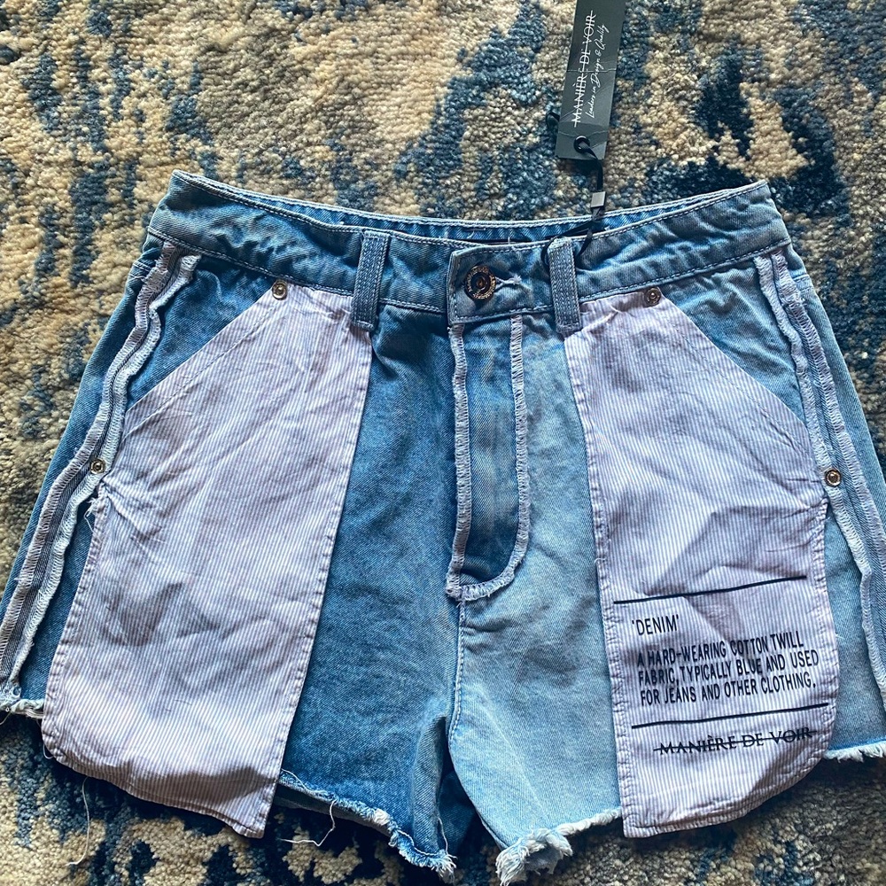 Manière De Voir Two-Tone Blue Denim Patchwork Jean Shorts